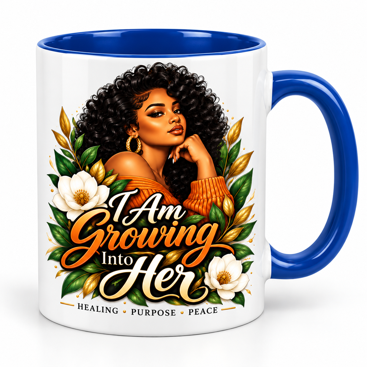 I Am Growing Into Her pre-designed 11 oz mug with blue interior and handle