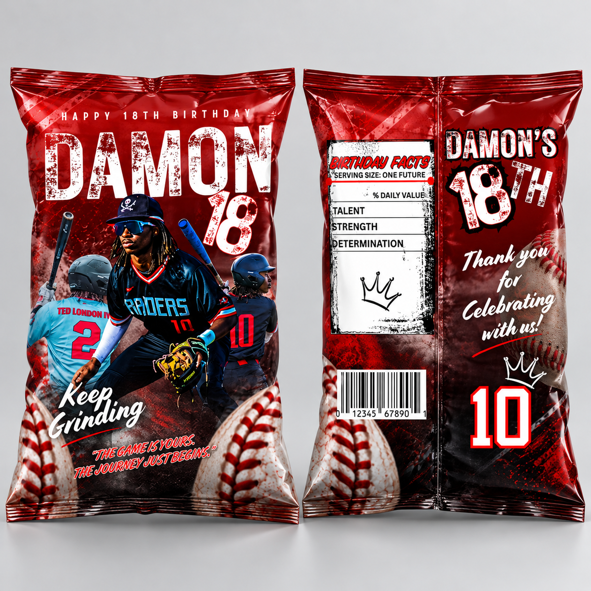 Personalized baseball birthday chip bag mockup showing front and back views