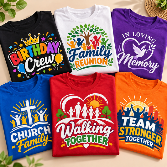 Custom group shirts for birthdays reunions memorials churches walks and teams