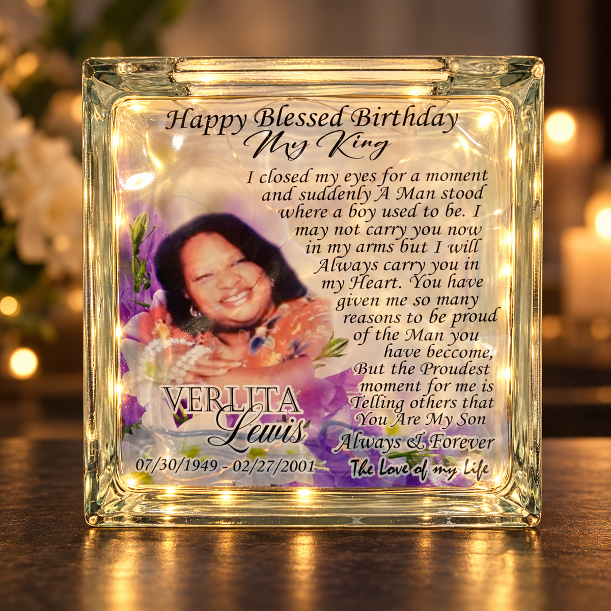 Custom 8 by 8 lighted memorial glass block with photo and poem