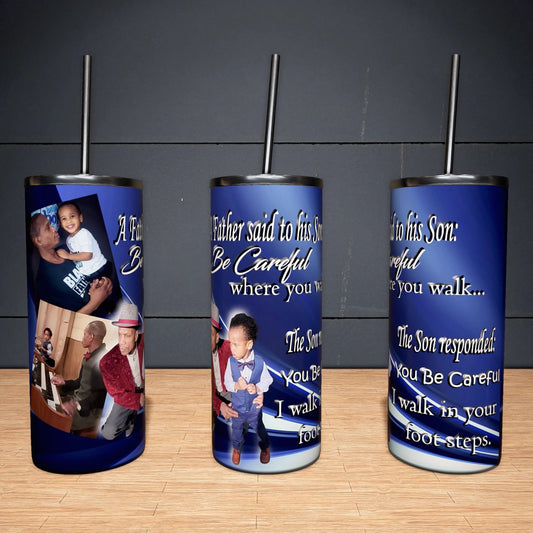 Example of a personalized blue memorial photo tumbler shown from three sides