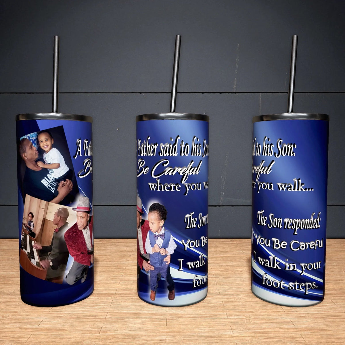 Example of a personalized memorial photo tumbler shown from three sides