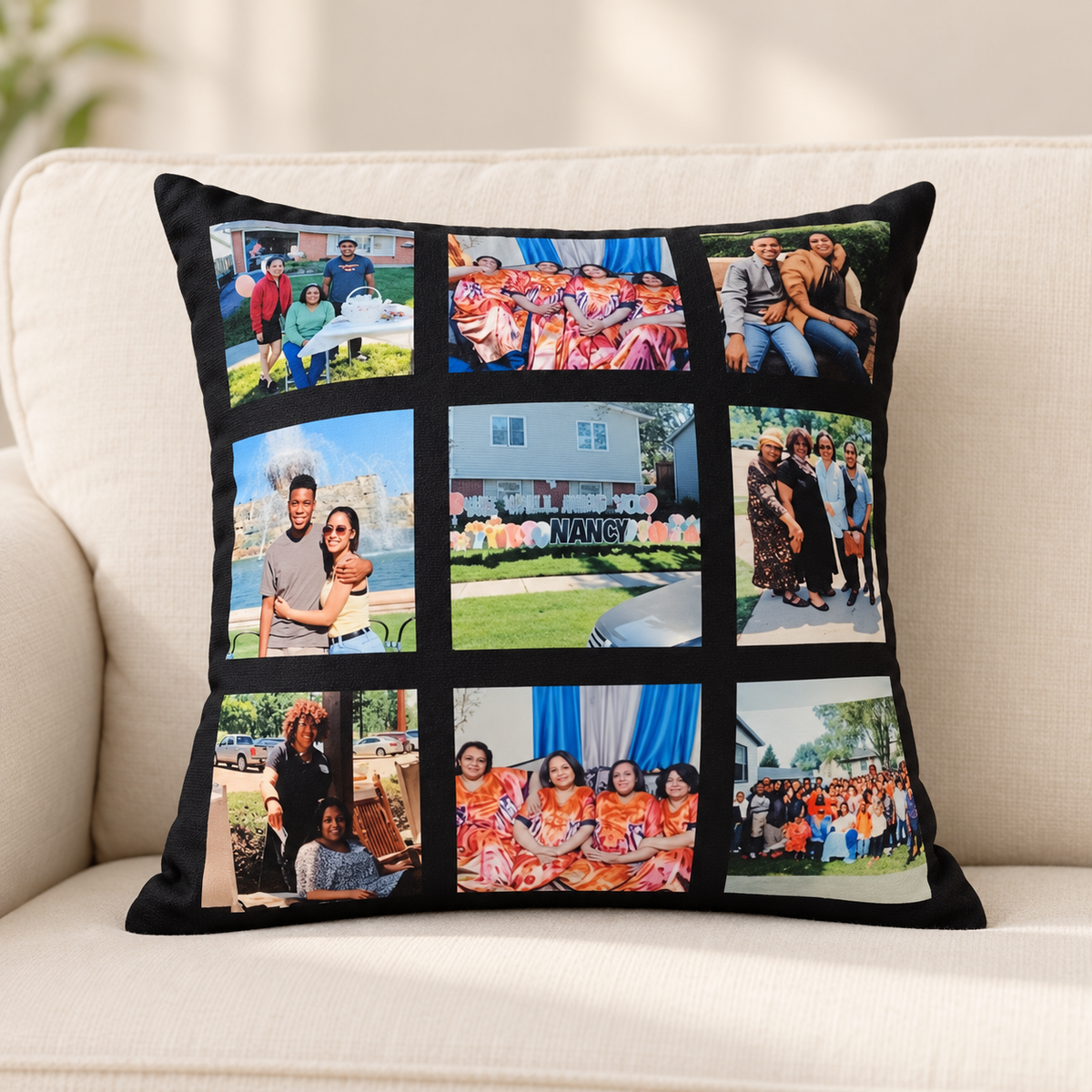 Custom black nine-photo collage pillow mockup