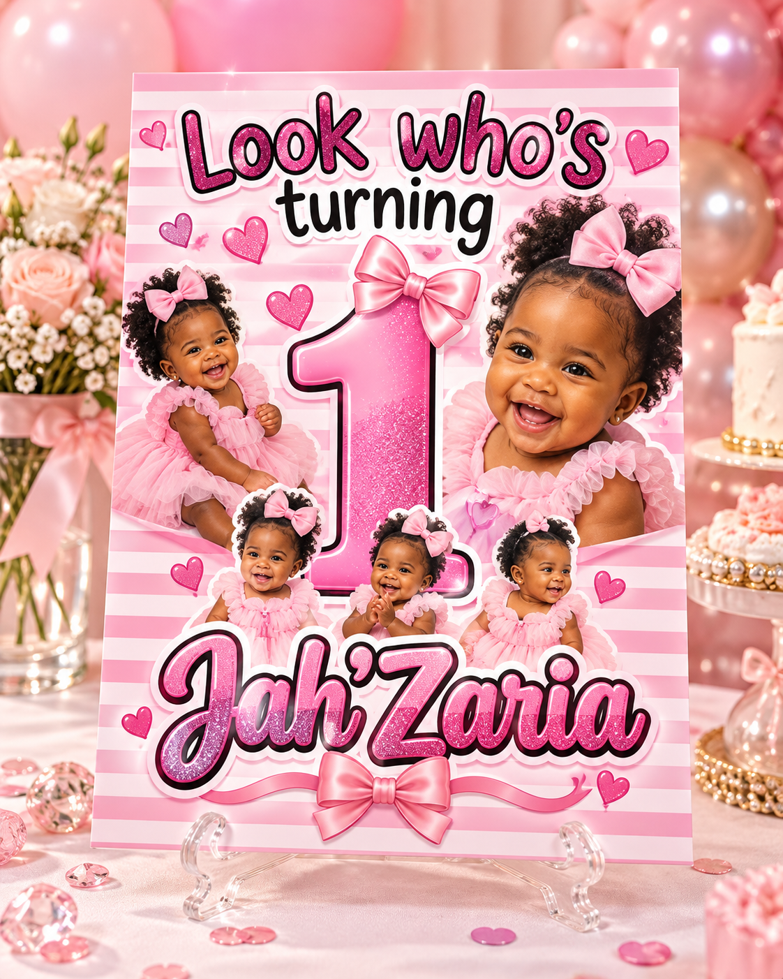 Custom 8x10 photo party table sign for a first birthday celebration