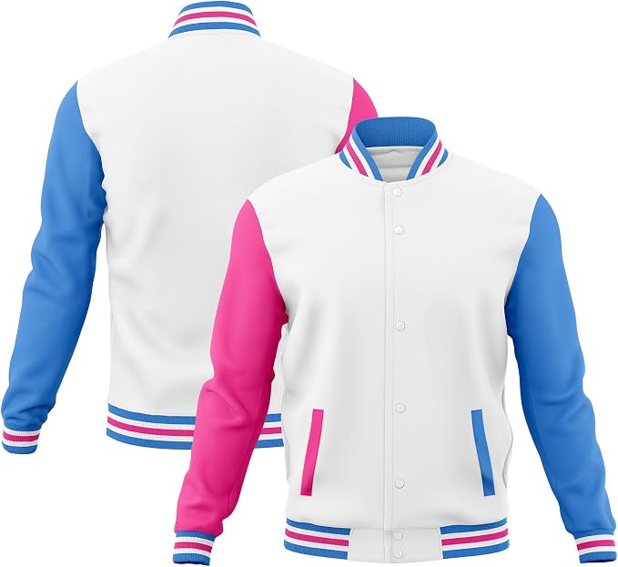 White pink and blue custom varsity jacket