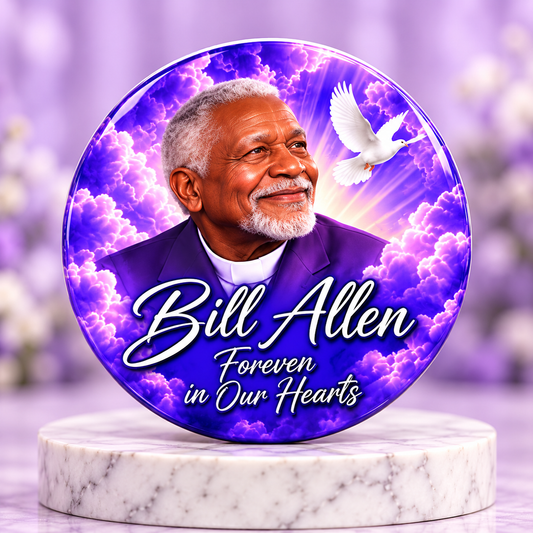 3.5-inch memorial button example with fictional Bill Allen portrait