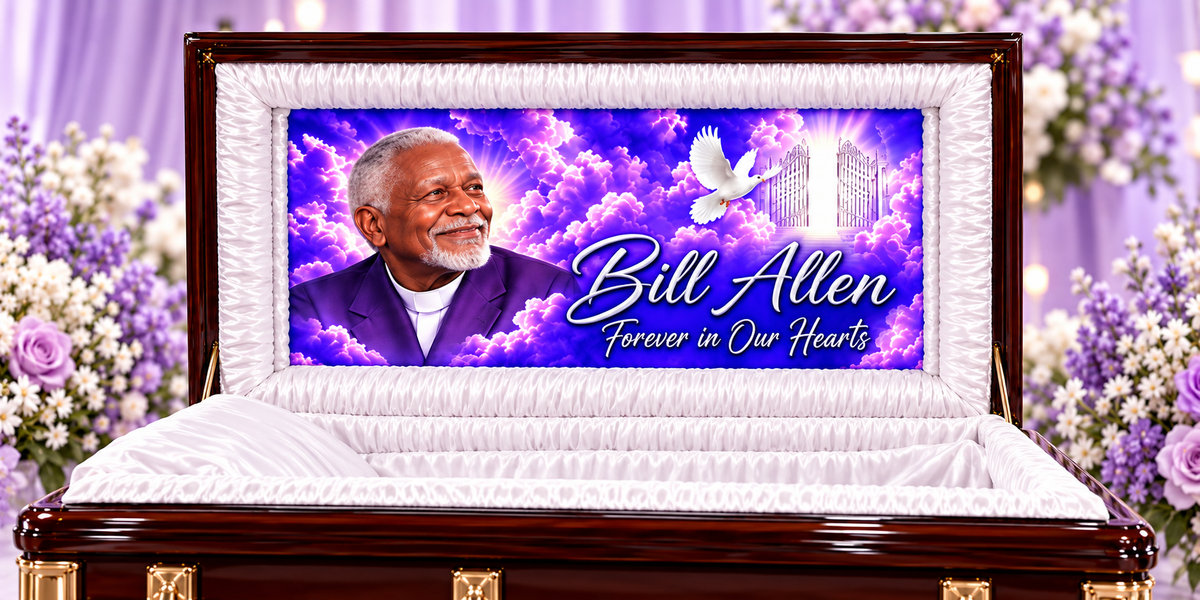Personalized casket interior memorial panel example with fictional Bill Allen portrait