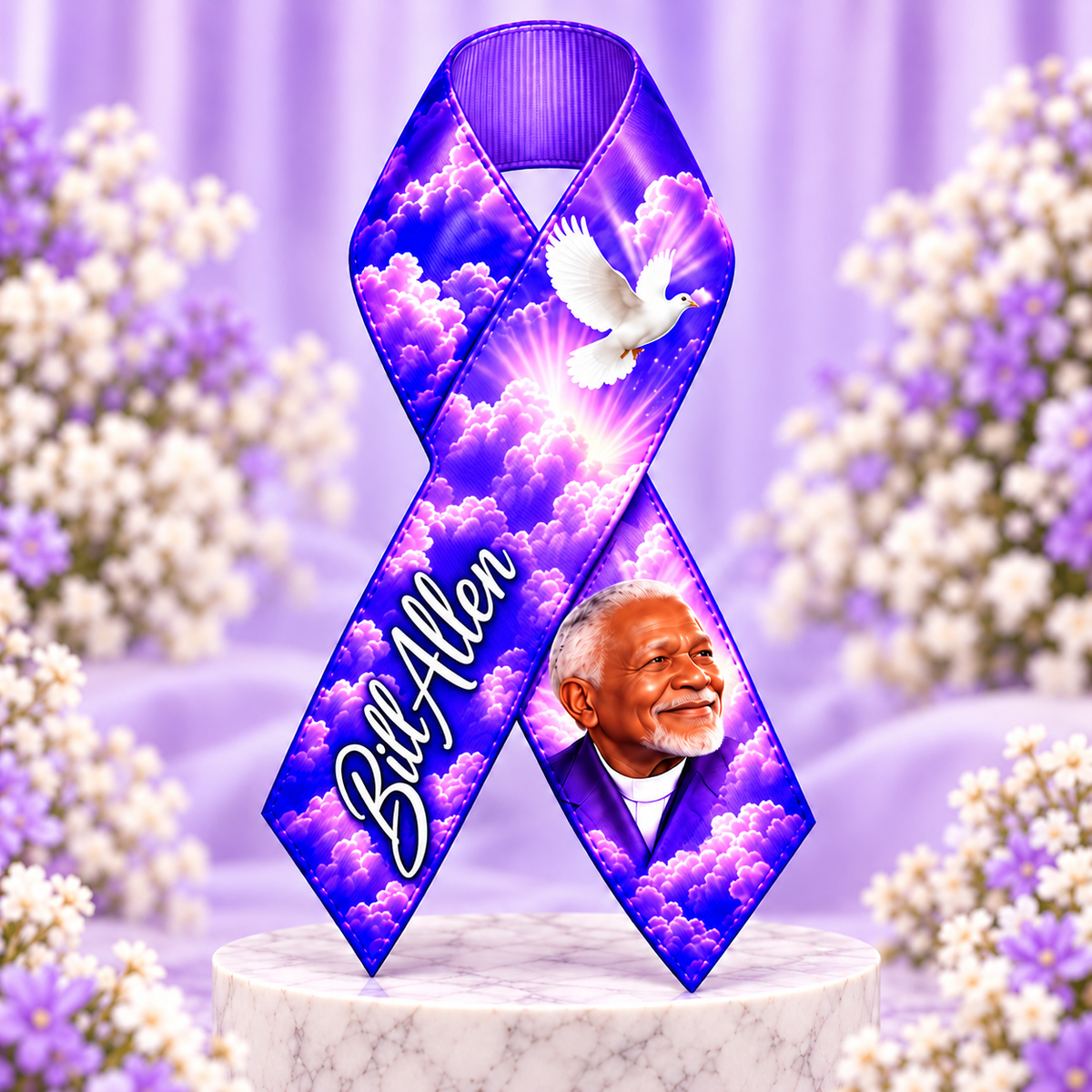 Single two-ended memorial ribbon with name on left and fictional portrait on right