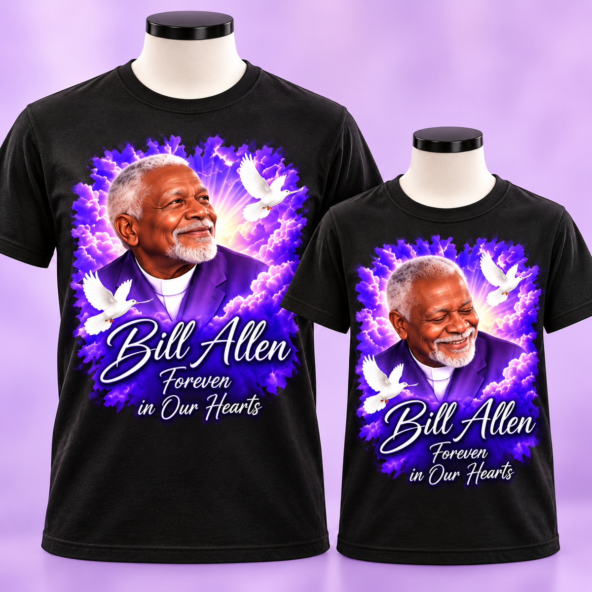 Adult and youth memorial photo shirt examples with fictional Bill Allen portrait
