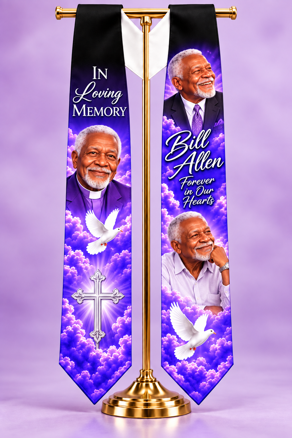 72-inch memorial stole example with three different fictional portraits and silver cross