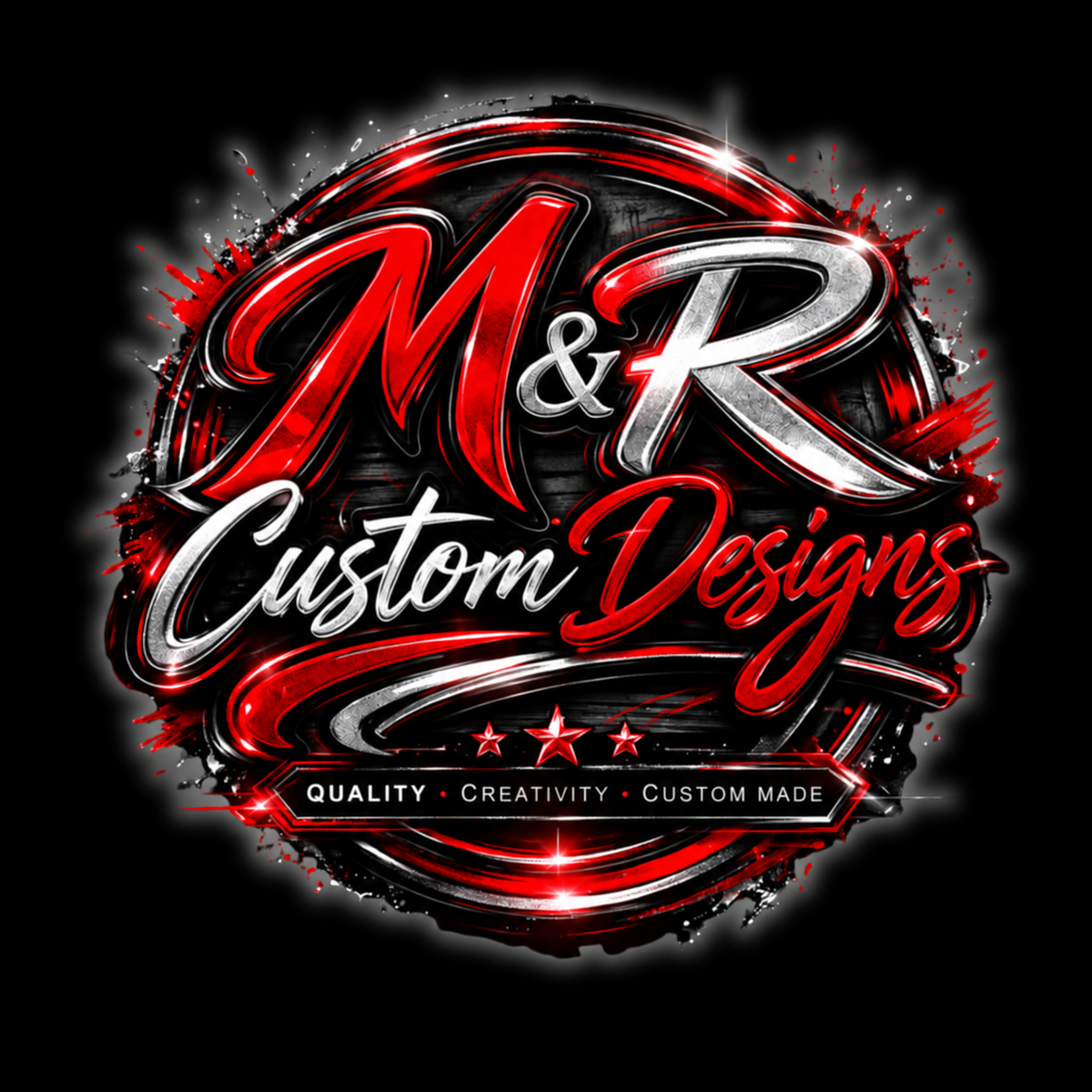 MR Custom Designs logo in red, black, white, and silver
