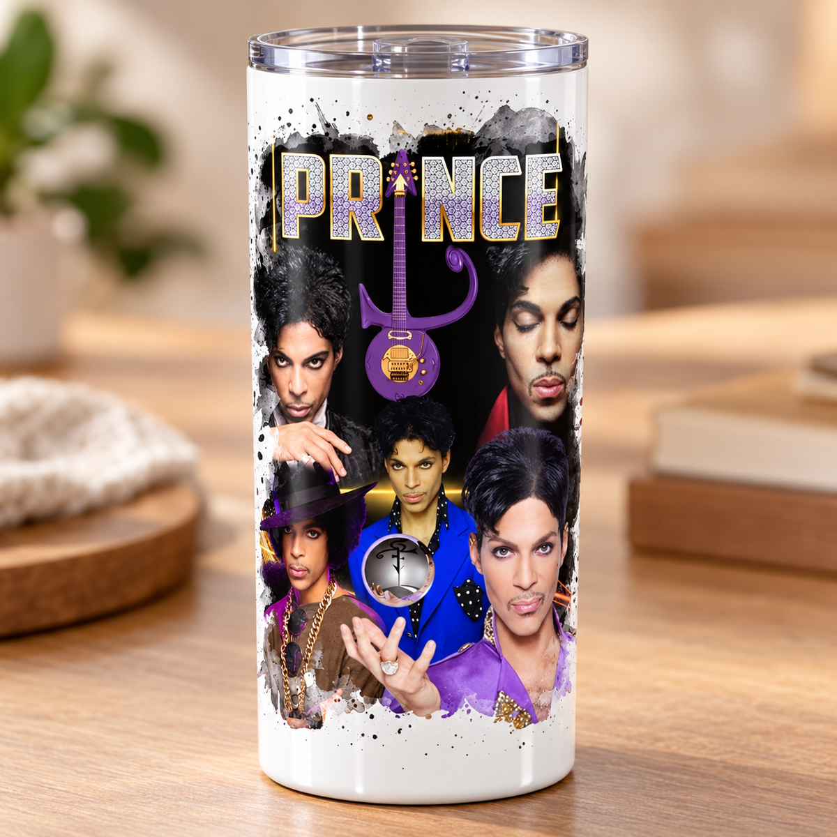 Example custom photo tumbler mockup with Prince collage