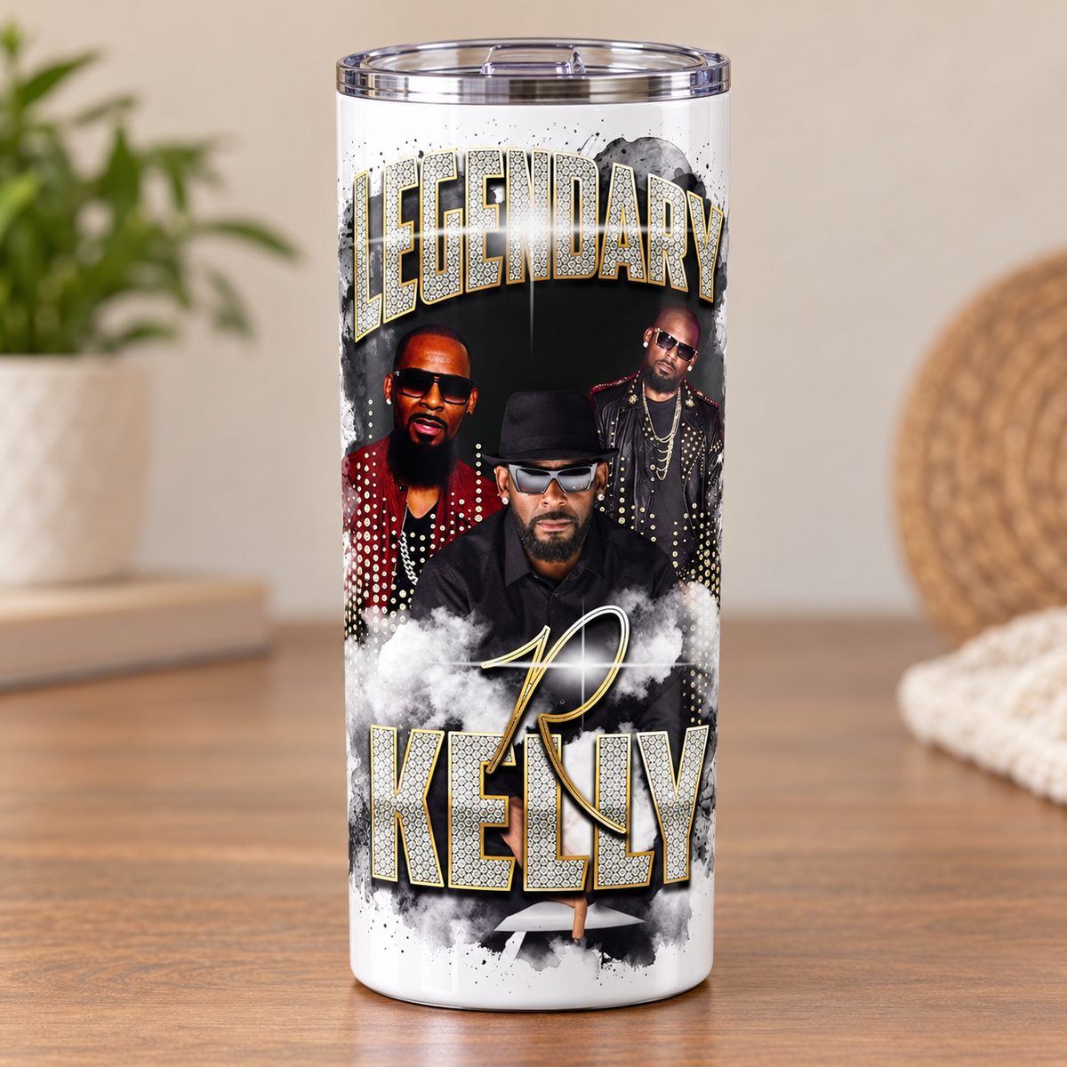 Example custom photo tumbler mockup with R Kelly collage