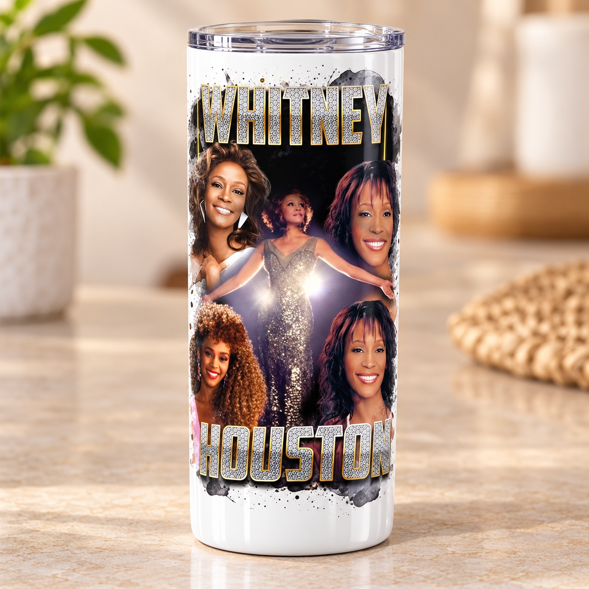 Example custom photo tumbler mockup with Whitney Houston collage