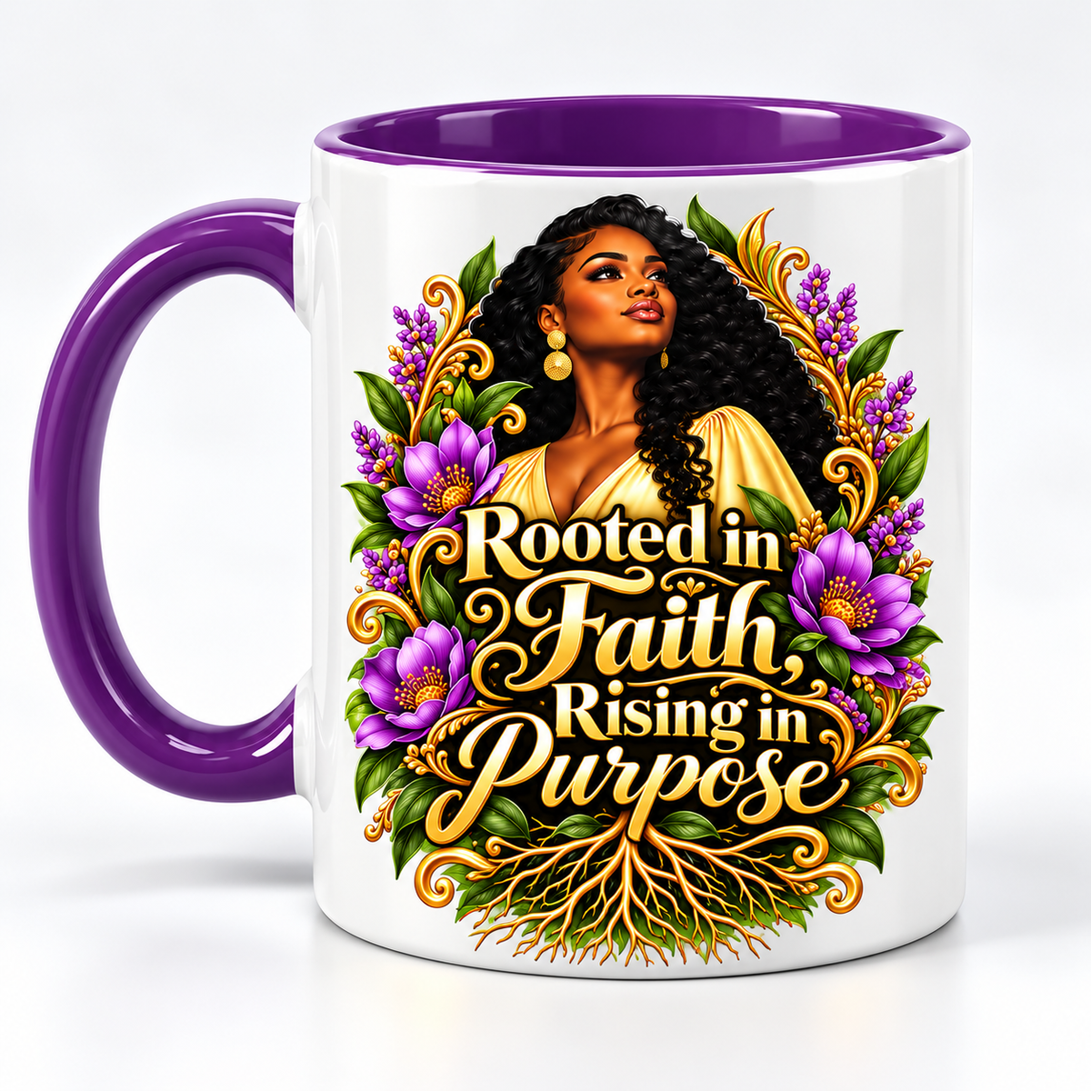 Rooted in Faith Rising in Purpose pre-designed 11 oz mug with purple interior and handle