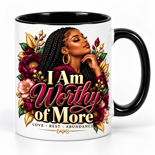 I Am Worthy of More pre-designed 11 oz mug with black interior and handle
