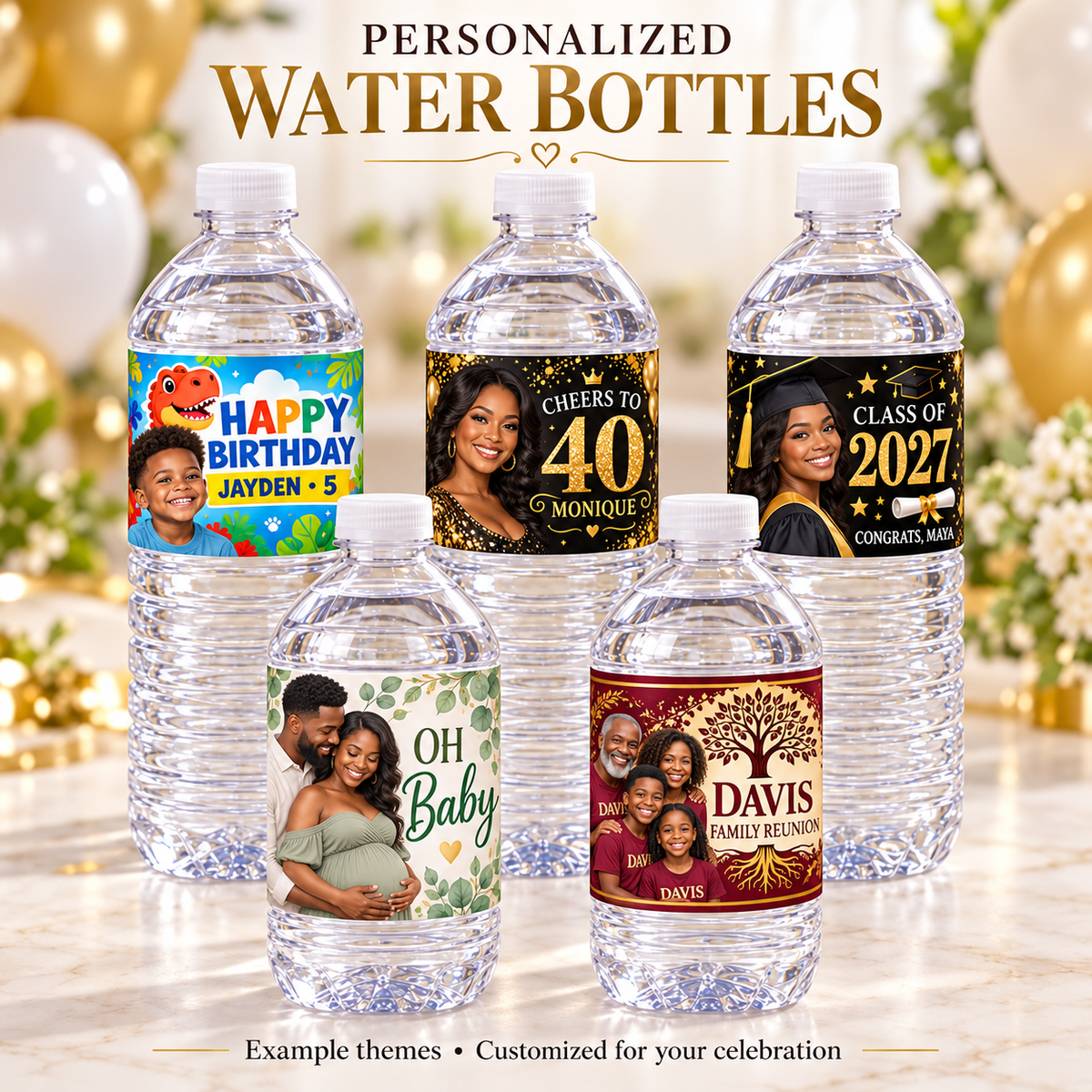 Five personalized water bottles with sample portraits for birthdays, graduation, baby shower and family reunion.