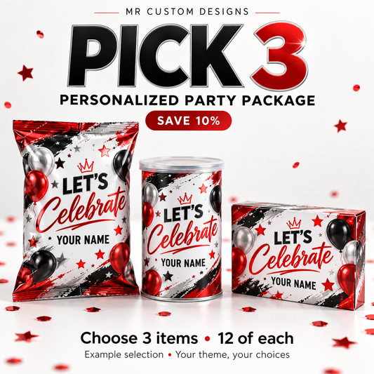 Pick 3 personalized party package — save 10%, choose 3 item types with 12 of each. Illustrative red, black and silver example selection.