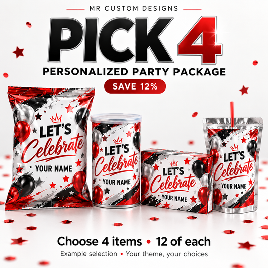 Pick 4 personalized party package — save 12%, choose 4 item types with 12 of each. Illustrative red, black and silver example selection.